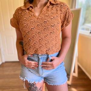 May include: A brown crocheted collared top with a short sleeve and a delicate open stitch pattern. The top is cropped and is worn with light blue denim shorts.