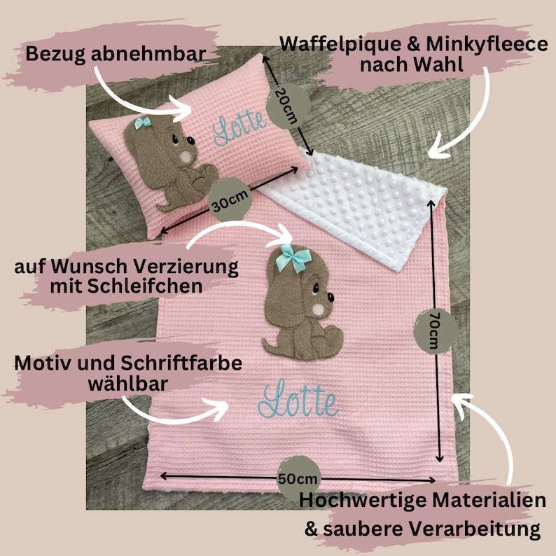 Kinderwagendecke Decke 50x70 Babydecke bestickt Babydecke mit Namen personalisierte Babydecke und Kissen Set Babydecke Waffelpique Bild 2