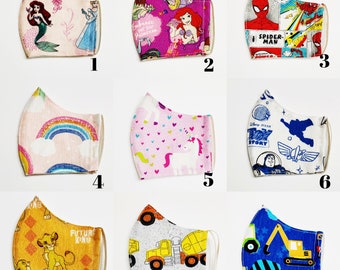 Disney Princesses, Spider-man, Frozen, Peppa Pig, Lion King, Unicorns, Rainbows - ADULT/TEEN/CHILD Face Mask w/Filter Pocket / 100% Cotton