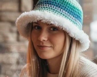 Handmade Crochet Wool Bucket Hat - Green Blue Ombre Faux Fur Trim