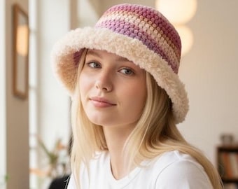 Handmade Crochet Velvet Bucket Hat - Pink Ombre Faux Fur Trim