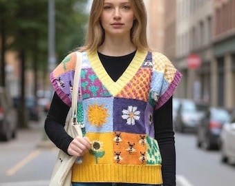 Handmade Granny Square Wool Vest: Colorful Crochet Patchwork Sweater