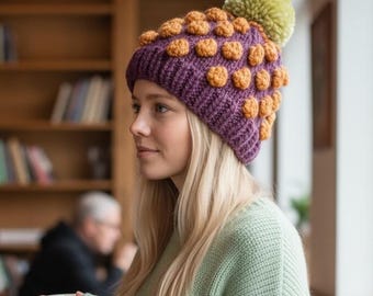 Chunky Popcorn Knit Beanie – Purple and Green Hand-Knitted Wool Winter Hat