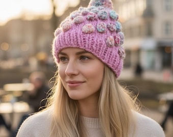 Chunky Popcorn Knit Beanie – Pink Hand-Knitted Wool Winter Hat