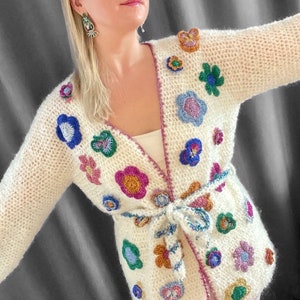 LUXURY ALPACA CARDIGAN, Beige Glitter Flower Kimono Cardigan, Handknit Crochet Jacket with Belt, Oversize Open Cardigan, Christmas Gifts image 7