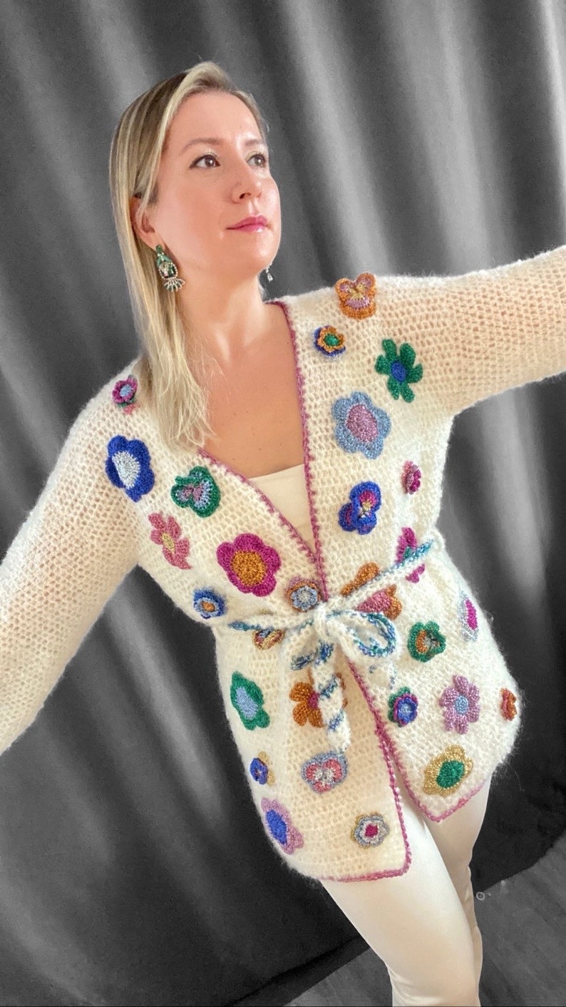 LUXURY ALPACA CARDIGAN, Beige Glitter Flower Kimono Cardigan, Handknit Crochet Jacket with Belt, Oversize Open Cardigan, Christmas Gifts image 7