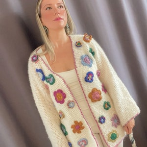 Handknit alpaca flower cardigan kimono with belt