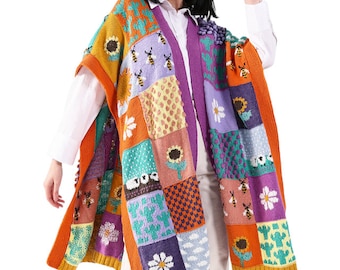 Patchwork Knit Wool Poncho: Crochet Granny Square Shawl, Plus Size Wrap