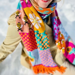 Handknit Colorful Patchwork Scarf, Harry Styles Granny Square Oversized Wool Scarf, Crochet Long Blanket Scarf, Colorblock Infinity Scarf image 1