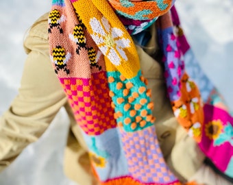 Handknit Colorful Patchwork Scarf, Harry Styles Granny Square Oversized Wool Scarf, Crochet Long Blanket Scarf, Colorblock Infinity Scarf