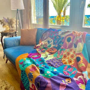 Handknit Merino Wool Patchwork Blanket – Floral Crochet Bedspread, Personalized Throw Quilt image 7