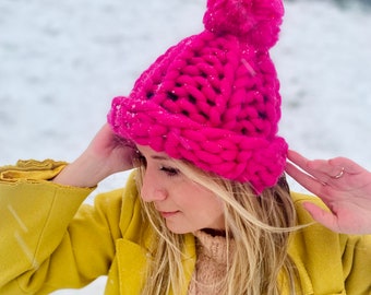 Women's wool knit hat, Super Chunky Pink Beanie, Knit Merino Beanie Pom Pom, Valentines Day Gift, Gift for Her, Gift for Wife