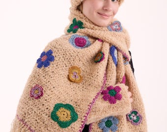 Beige Crochet Scarf, Hat & Mittens - Soft Alpaca Winter Set