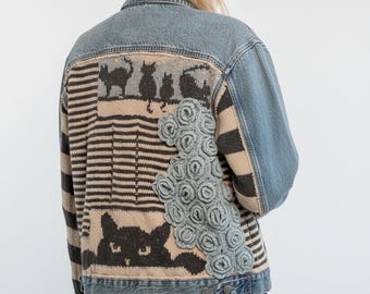 Handmade Knit Denim Jacket with Cat Design