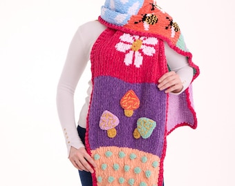 Colorful Velvet Knit Scarf with Crochet Flowers and Mushrooms – Handmade Long Winter Scarf Gift