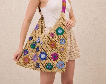 Handmade Floral Raffia Crochet Bag, Boho Summer Tote, Oversized Shoulder Beach Bag