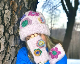 Knit Beanie Hat, Flower Crochet Hat, Alpaca Wool Hat, Lilac Winter Beanie, Chunky Slouchy Hat, Winter Clothing, Warm Cozy Hat, Handmade Hat