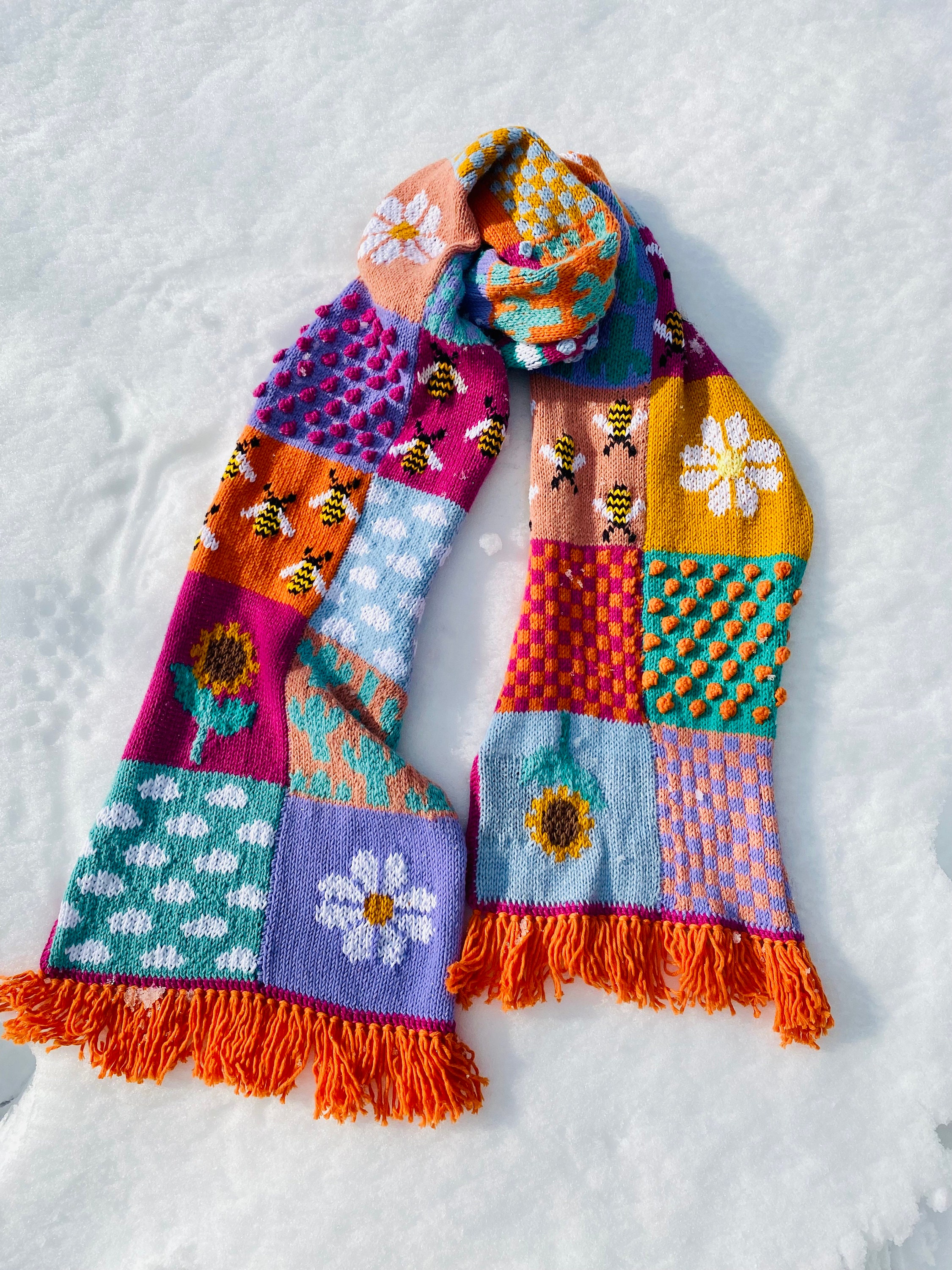 【misha＆puff】Patchwork Scarf Hand-knit Merino Wool Scarf – Colorful Patchwork Winter Scarf