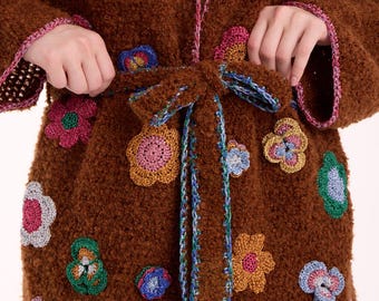 Handmade Brown Alpaca Crochet Cardigan with Colorful Flower Appliques