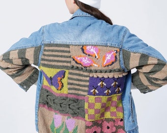 Handknitted Patchwork Jean Jacket with Flowers, Blue Designer Denim Jacket, Personalized Embroidered Women's Jean Jacket, Christmas Gifts