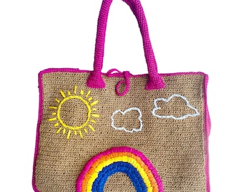 Handwoven Pink Straw Beach Bag, Rainbow Hand Embroidered Raffia Bag , Handmade Straw Crochet Summer Market Bag, Custom Boho Tote Bag