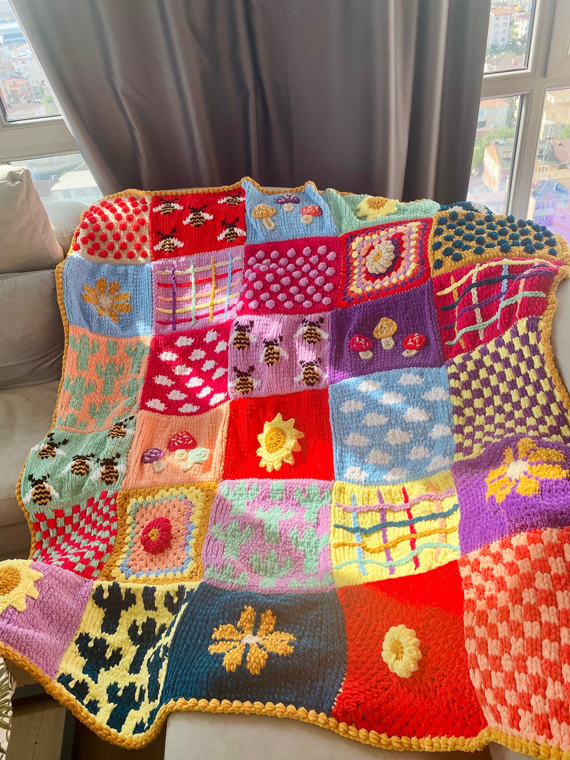 Chunky Knit Velvet Patchwork Throw Blanket Granny Square Etsy