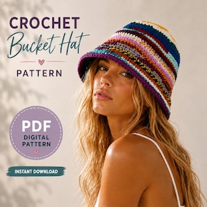 May include: A multi-colored crochet bucket hat featuring horizontal stripes in shades of purple, blue, yellow, and white. The text CROCHET Bucket Hat PATTERN and PDF DIGITAL PATTERN INSTANT DOWNLOAD is visible on the left side of the image.