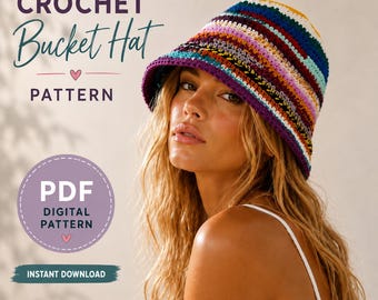 Patrón PDF de gorro de cubo de ganchillo colorido, gorro de restos de hilo