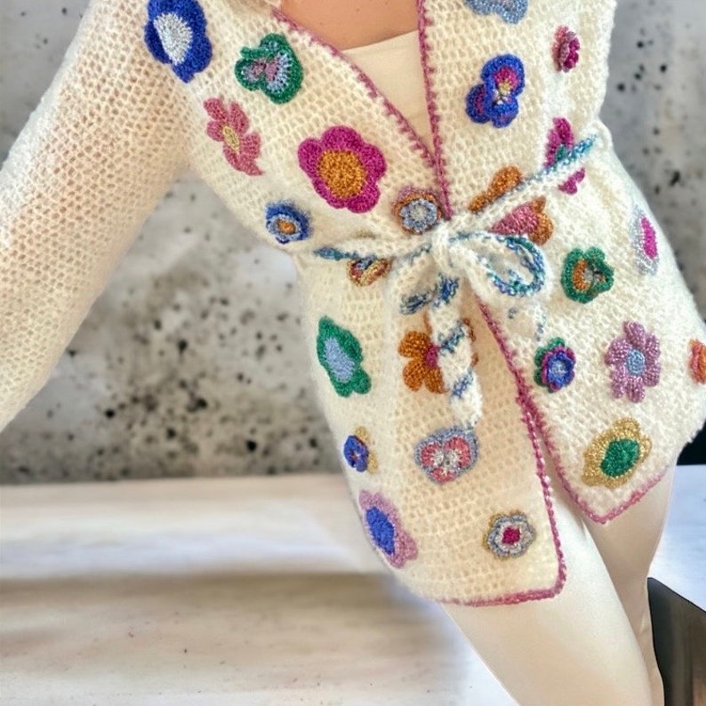 LUXURY ALPACA CARDIGAN, Beige Glitter Flower Kimono Cardigan, Handknit Crochet Jacket with Belt, Oversize Open Cardigan, Christmas Gifts image 3
