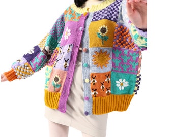 Colorful Hand-Knitted Merino Wool Cardigan – Patchwork Statement Cardigan