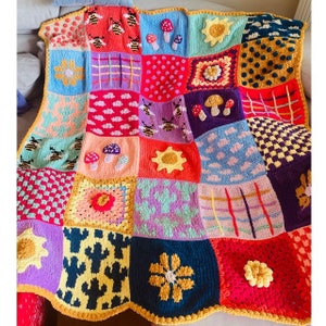 CHUNKY THROW BLANKET, Granny Square Blanket, Handmade Giant Knit Velvet Embroidered Patchwork Colorful Soft Throw Blanket, Home Decor Gifts