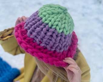 Super Chunky Bucket Hat, Women's Merino Wool Knit Beanie, Rainbow Winter Cozy Helsinki Hat Pom Pom, Valentines Day Gift, Christmas Gift