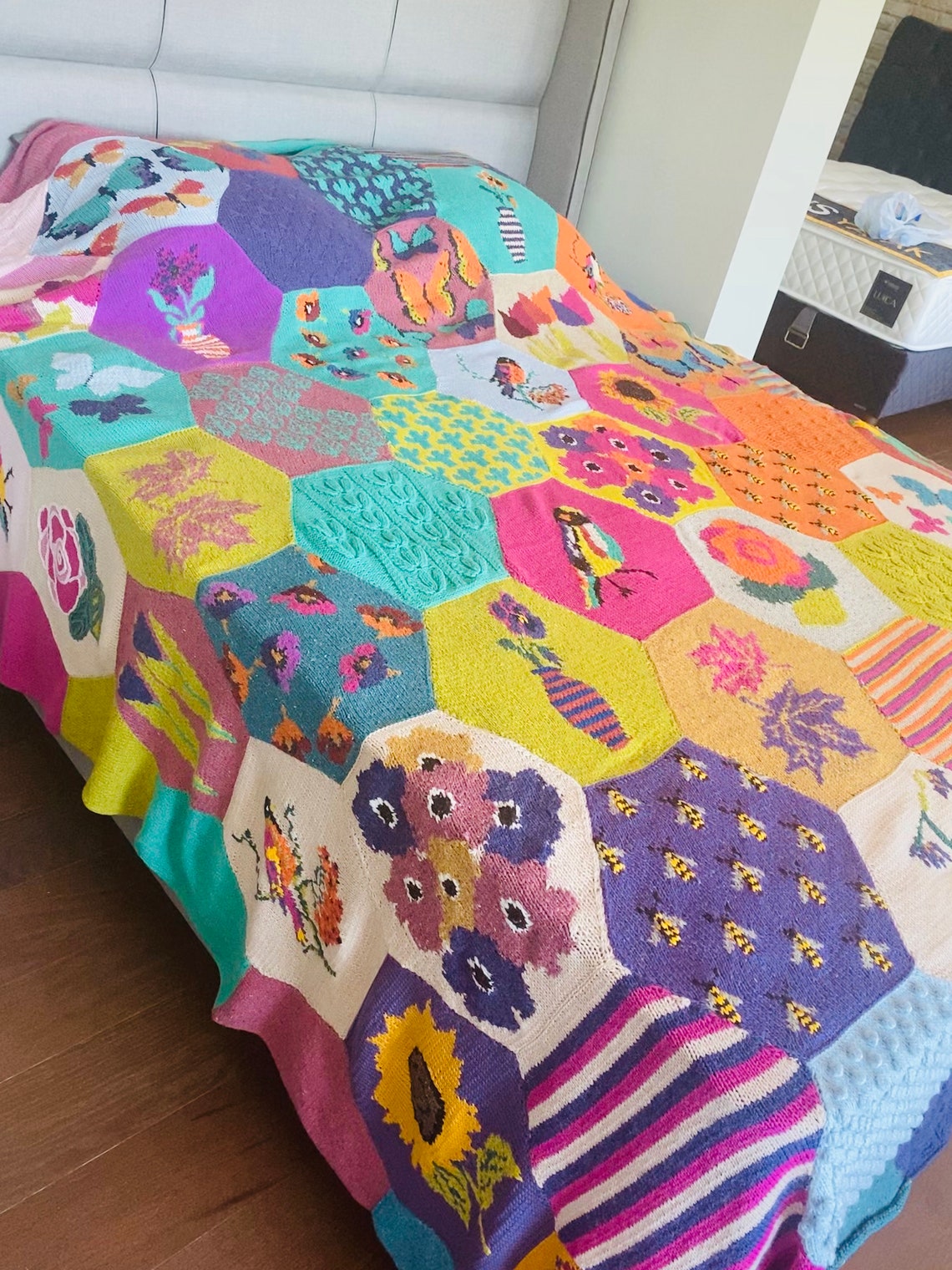Knit Patchwork Merino Wool King Size Bedspread Colorful Etsy