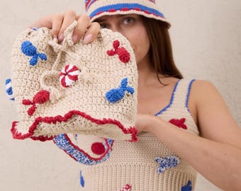 Handmade Crochet Mini Bucket Bag, Coastal Beach Purse