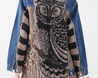 Handmade Knitted Jean Denim Jacket – Owl Patchwork Coat
