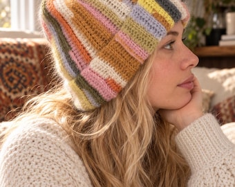 Colorful Mohair Blend Beanie, Hand Knit Striped Winter Hat with Folded Brim