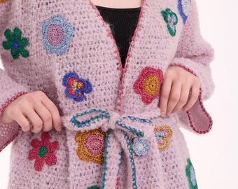 Handmade Lilac Alpaca Crochet Cardigan with Colorful Flower Appliques
