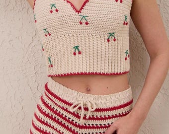 Conjunto de crochet Cherry, atuendo de verano de algodón orgánico, ropa de playa.
