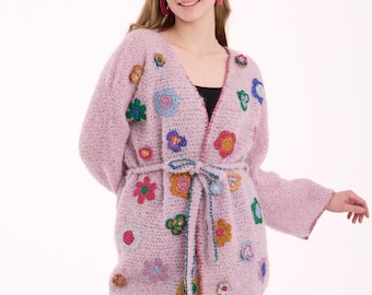 Handmade Lilac Alpaca Crochet Cardigan with Colorful Flower Appliques