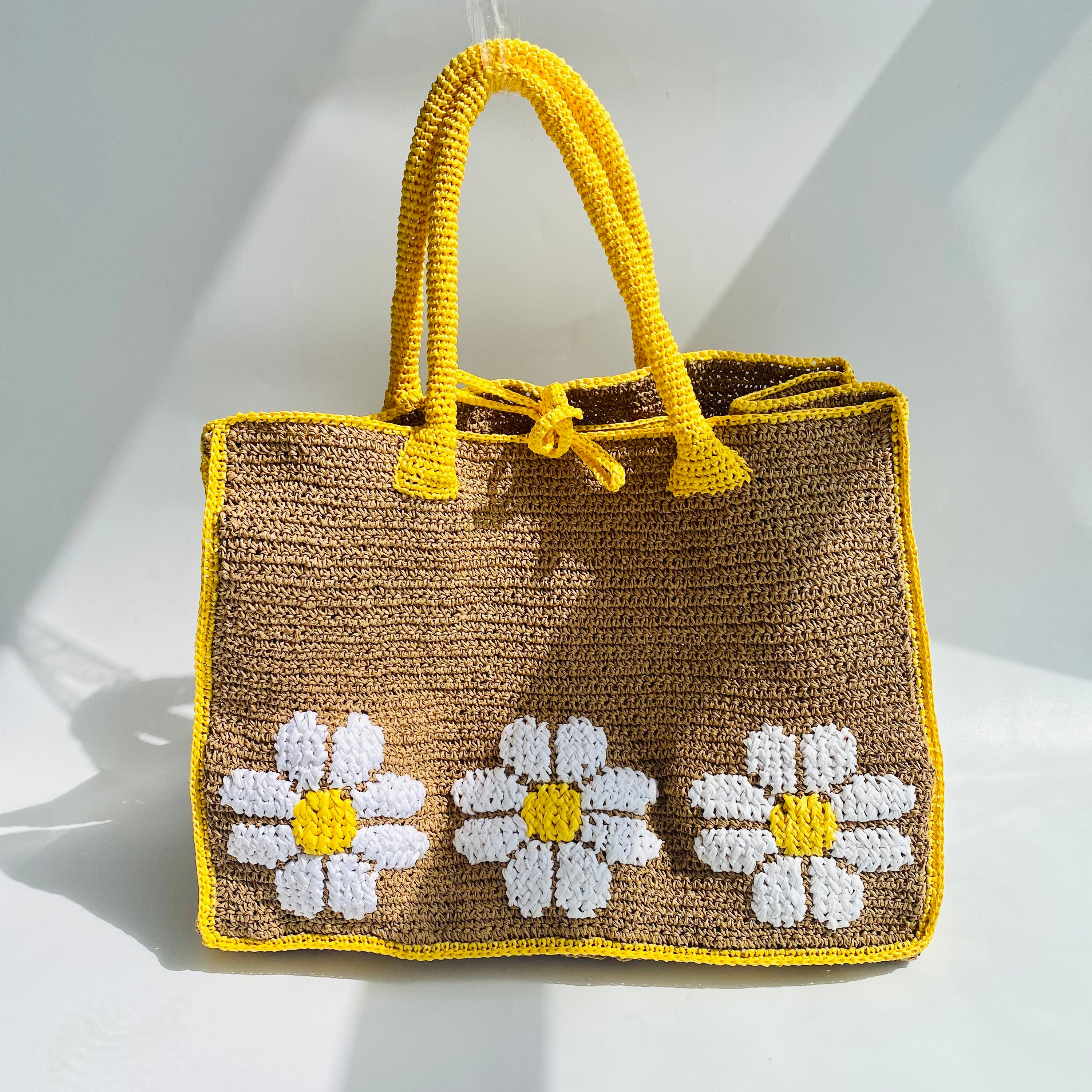 Bolso de playa de paja margarita bordado a mano bolso de verano de rafia de ganchillo bolso de mano personalizado amarillo regalo de Navidad hecho a mano bolso boho de paja grande