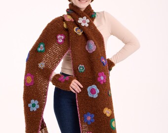 Handmade Alpaca Crochet Winter Set: Flower Scarf Hat and Mittens