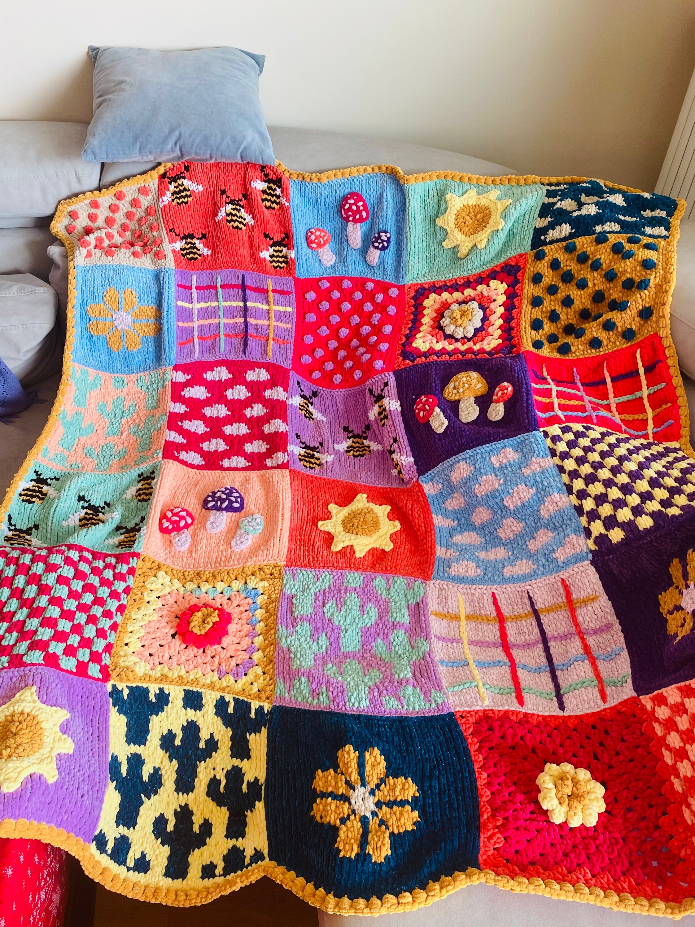 Chunky Knit Velvet Patchwork Throw Blanket Granny Square Etsy