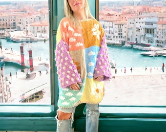 Handknit Velvet Patchwork Sweater: Crochet Daisy Cloud Design