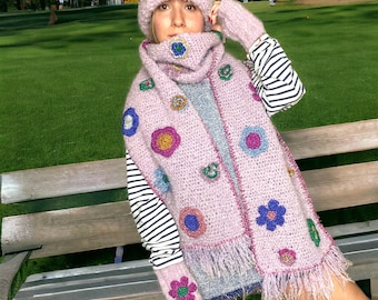 Handmade Lilac Alpaca Crochet Winter Set: Flower Scarf Hat and Mittens