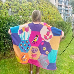 Patchwork Knit Women Poncho, Wool Winter Granny Square Poncho, Crochet Boho Colorful Poncho Shawl Wrap, Christmas Gift, Soft Poncho image 3