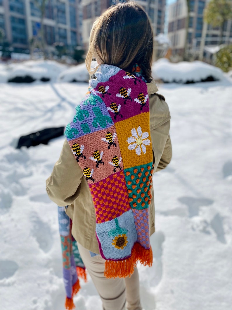 Handknit Colorful Patchwork Scarf, Harry Styles Granny Square Oversized Wool Scarf, Crochet Long Blanket Scarf, Colorblock Infinity Scarf image 7