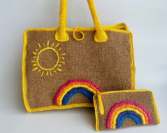 Woven Straw Beach Bag, Large Summer Rainbow Bag, Crochet Personalized Raffia Tote Market Bag, Embroidered Bag With Sun Clouds