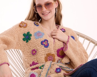 Handmade Beige Alpaca Crochet Cardigan with Colorful Flower Appliques