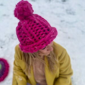 Women's wool knit hat, Super Chunky Pink Beanie, Knit Merino Beanie Pom Pom, Valentines Day Gift, Gift for Her, Gift for Wife image 4