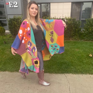 Patchwork Knit Women Poncho, Wool Winter Granny Square Poncho, Crochet Boho Colorful Poncho Shawl Wrap, Christmas Gift, Soft Poncho image 6